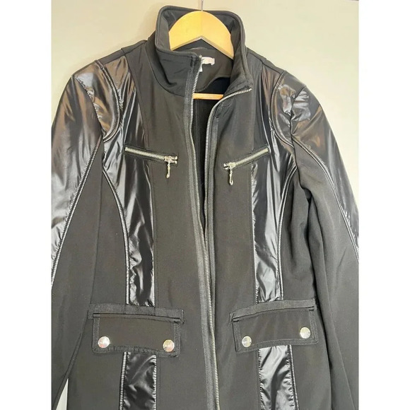 DKNY black faux leather mixed media jacket coat moto button spandex size Small - Picture 3 of 6